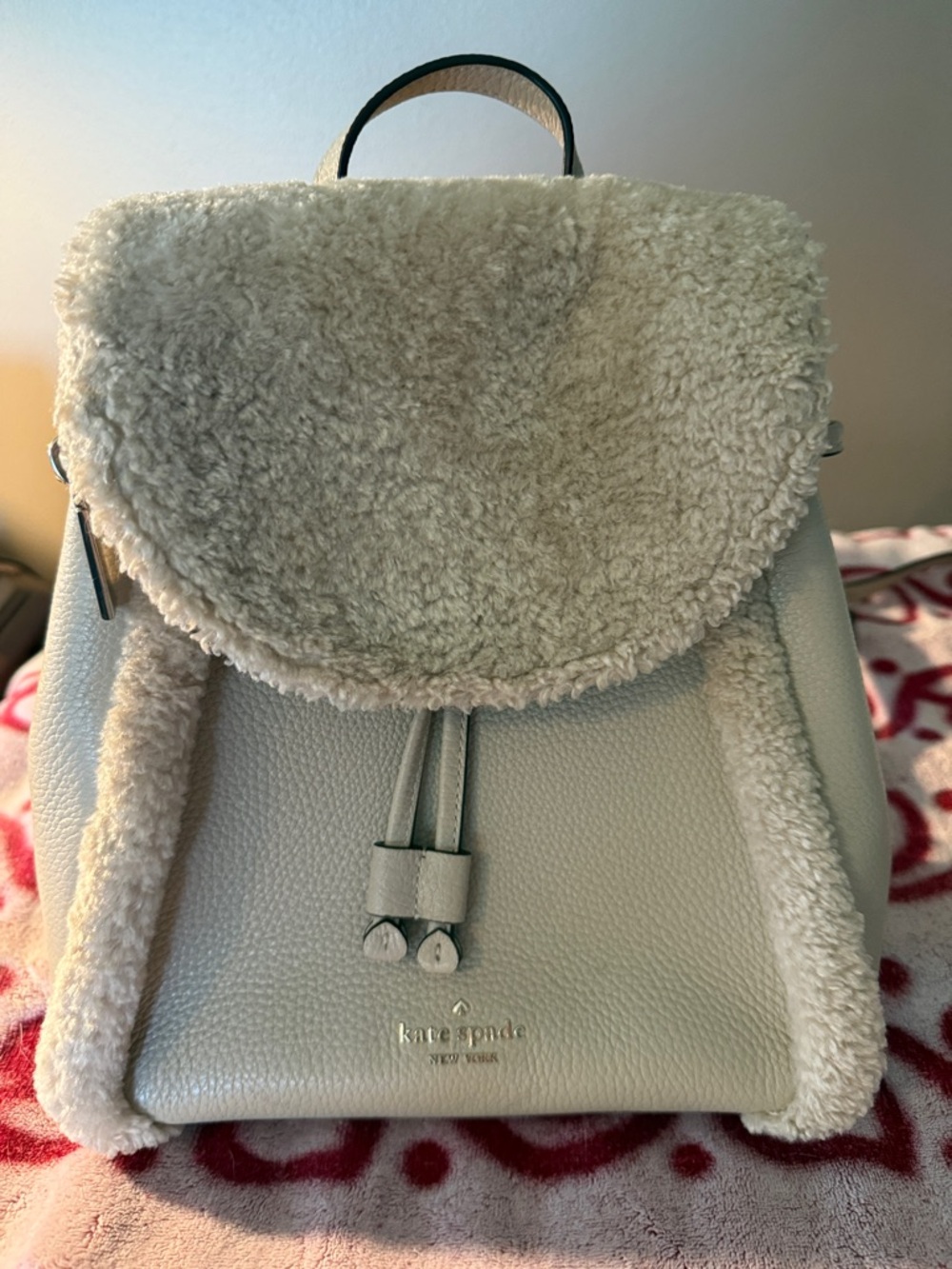 Kate Spade Cream Sherpa-Trim Pebble Leather Backpack